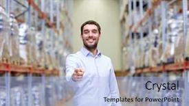  Presentation with export - Audience pleasing PPT layouts consisting of wholesale logistic business export and people concept - happy man at warehouse backdrop and a light blue colored foreground