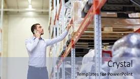  Presentation with wholesale - PPT layouts with wholesale logistic business export and people concept - serious businessman calling on smartphone at warehouse background and a light blue colored foreground