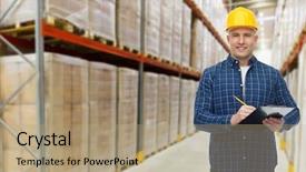  Presentation with export - Slides featuring wholesale logistic business export and people concept - happy man or manager in helmet with clipboard and pencil checking goods over warehouse background background and a coral colored foreground