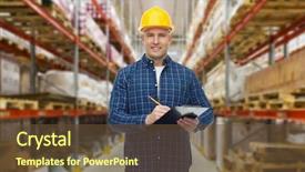  Presentation with wholesale - PPT theme consisting of wholesale logistic business export and people concept - happy man or manager in helmet with clipboard and pencil checking goods over warehouse background background and a tawny brown colored foreground