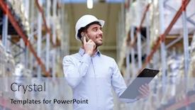  Presentation with export - Presentation having wholesale logistic business export and people concept - smiling businessman with clipboard calling on smartphone at warehouse background and a light blue colored foreground