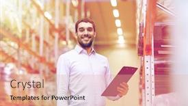  Presentation with wholesale - Slide deck featuring wholesale logistic business export and people concept - happy man or manager with clipboard at warehouse background and a coral colored foreground