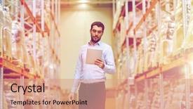  Presentation with wholesale - Audience pleasing slide deck consisting of wholesale logistic business export and people concept - man or manager with tablet pc computer checking goods at warehouse backdrop and a coral colored foreground