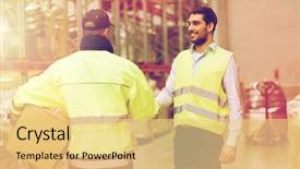 Presentation with wholesale - Audience pleasing theme consisting of wholesale logistic people agreement and export concept - manual worker and businessmen in reflective safety vests shaking hands and making deal at warehouse backdrop and a yellow colored foreground