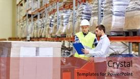 Presentation with export - Colorful PPT theme enhanced with businessmen with clipboard at warehouse backdrop and a light blue colored foreground
