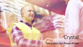  Presentation with wholesale - Colorful slide deck enhanced with wholesale logistic people and export concept - manual worker and businessmen with clipboard shaking hands and making deal at warehouse backdrop and a coral colored foreground