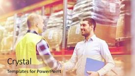  Presentation with export - Cool new theme with wholesale logistic people and export concept - manual worker and businessmen with clipboard shaking hands and making deal at warehouse backdrop and a yellow colored foreground