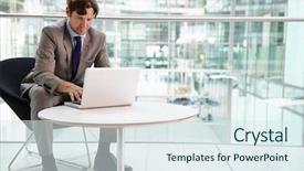  Presentation with corporate - Beautiful slide deck featuring wi fi - corporate businessman using laptop computer backdrop and a sky blue colored foreground