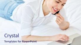  Presentation with speaking - PPT theme having wi fi - happy girl speaking on smartphone background and a  colored foreground