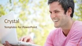  Presentation with happy sad face man - Slides having wi fi - happy young man background and a cream colored foreground