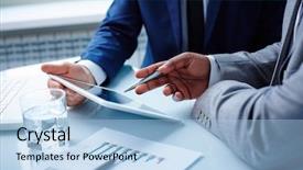  Presentation with data meeting - Beautiful presentation theme featuring wi fi - image of businessmen hands backdrop and a light blue colored foreground