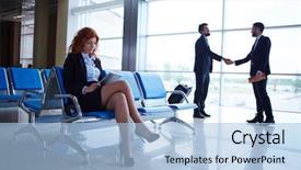  Presentation with airport facial recognition - PPT theme featuring wi fi - serious businesswoman sitting in airport background and a light blue colored foreground