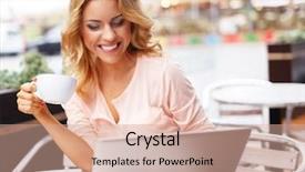  Presentation with coffee cup - Slide deck enhanced with wi fi - smiling young woman with laptop background and a coral colored foreground