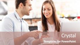  Presentation with young business people - Audience pleasing theme consisting of wi fi - young business people using laptop backdrop and a coral colored foreground