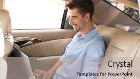  Presentation with young man holdng laptop on lap money - PPT layouts enhanced with wi fi - young businessman using laptop background and a coral colored foreground