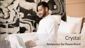  Presentation with young man holdng laptop on lap money - Colorful slide set enhanced with wi fi - young busy man with earphones backdrop and a lemonade colored foreground