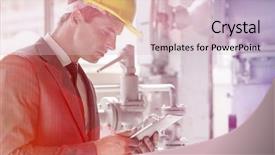  Presentation with tablets wood table tablet white - Slide deck featuring wi fi - young male supervisor using tablet background and a  colored foreground