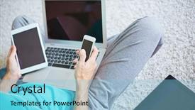  Presentation with young man holdng laptop on lap money - Colorful presentation theme enhanced with wi fi - young man with cellphone touchpad backdrop and a light blue colored foreground