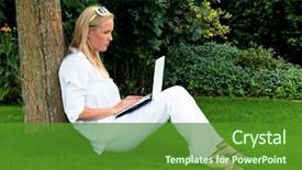  Presentation with computer - PPT theme featuring wi fi - young woman sitting background and a tawny brown colored foreground