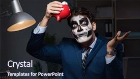  Presentation with face mask - Beautiful PPT theme featuring wicked - businessman with scary face mask backdrop and a navy blue colored foreground