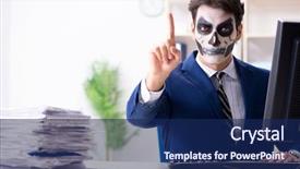  Presentation with happy sad mask face - Audience pleasing slide deck consisting of wicked - businessmsn with scary face mask backdrop and a navy blue colored foreground