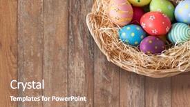  Presentation with easter basket - PPT theme featuring wicker basket over wooden boards background and a coral colored foreground