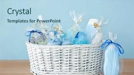  Presentation with baby shower gifts - Slides with wooden table against color background background and a light blue colored foreground