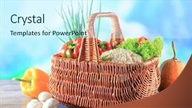  Presentation with border organic vegetables on wood - Presentation having wicker basket with different vegetables background and a  colored foreground