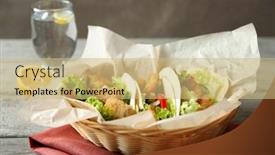  Presentation with fish tacos - Slide deck enhanced with wicker bowl with delicious fish tacos on wooden table background and a coral colored foreground