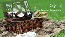  Presentation with picnic - Colorful presentation enhanced with wicker picnic basket tasty sandwiches and plaid on green grass outdoors backdrop and a tawny brown colored foreground