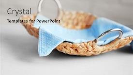  Presentation with table napkin - Slide deck enhanced with wicker salver with blue napkin on wooden table background closeup background and a soft green colored foreground