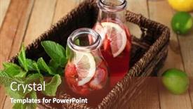  Presentation with lemonade - Presentation theme having wicker tray with bottles of delicious strawberry lemonade on table background and a tawny brown colored foreground