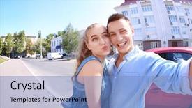  Presentation with happy new year 2022 - Colorful presentation theme enhanced with wide angle - happy young couple taking selfie backdrop and a teal colored foreground