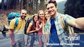  Presentation with tourism selfie - Cool new slides with wide angle - technology travel tourism hike backdrop and a ocean colored foreground