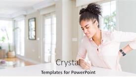  Presentation with back pain - Amazing slide set having wide angle of beautiful african american woman with afro hair suffering of backache touching back with hand muscular pain backdrop and a lemonade colored foreground