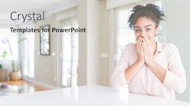  Presentation with scandal - Cool new PPT theme with wide angle of beautiful african american woman with afro hair laughing and embarrassed giggle covering mouth with hands gossip and scandal concept backdrop and a light gray colored foreground