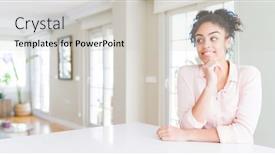  Presentation with african american woman question - Beautiful PPT layouts featuring wide angle of beautiful african american woman with afro hair with hand on chin thinking about question pensive expression smiling and thoughtful face doubt concept backdrop and a light gray colored foreground