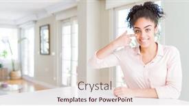  Presentation with african beauty - Audience pleasing presentation theme consisting of wide angle of beautiful african american woman with afro hair pointing with hand finger to face and nose smiling cheerful beauty concept backdrop and a lemonade colored foreground