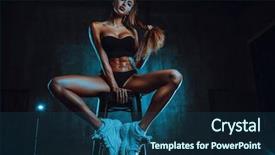  Presentation with dark blue stars and glitter - Theme consisting of wide body - young fitness woman sitting background and a ocean colored foreground