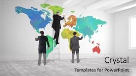  Presentation with windows - Presentation design enhanced with wide ladder - business team writing against white background and a  colored foreground