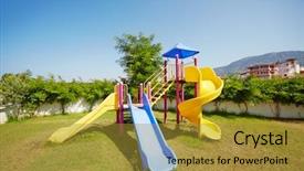  Presentation with slides - Beautiful slides featuring wide ladder - multicolour slides at children playground backdrop and a gold colored foreground