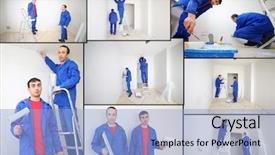  Presentation with overseas workers - Cool new theme with wide ladder - two workers renovate apartment collage backdrop and a light blue colored foreground
