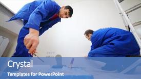  Presentation with glue - PPT theme having wide ladder - workers in blue glue paint background and a teal colored foreground