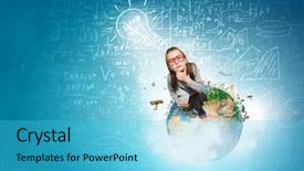  Presentation with paper imaging - Audience pleasing presentation design consisting of wideangle picture of funny schoolgirl backdrop and a cyan colored foreground