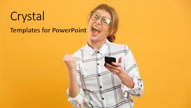  Presentation with winner - Beautiful presentation theme featuring wie - portrait of delighted woman backdrop and a yellow colored foreground