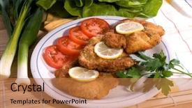 Presentation with served - Amazing slide set having wiener schnitzel served - delicious dinner and vegetable backdrop and a coral colored foreground
