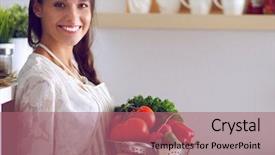  Presentation with man watching woman preparing vegetables - Theme with wife - smiling young woman holding vegetables background and a  colored foreground