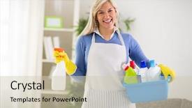  Presentation with cleaning - Cool new PPT theme with wife action - smiling female wears cleaning products backdrop and a soft green colored foreground