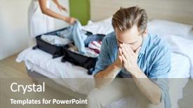  Presentation with 3d man sitting question mark - PPT theme with wife getting suitcase before leaving background and a gray colored foreground