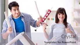  Presentation with broken home - Presentation theme featuring wife helping husband to repair broken chair at home background and a light blue colored foreground